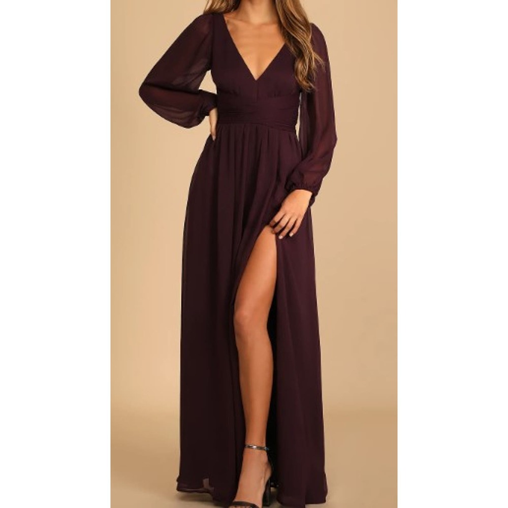 SOLD!!! LULU'S SZ M Enchant My Love Dark Purple V-Neck Long Sleeve Maxi Dress